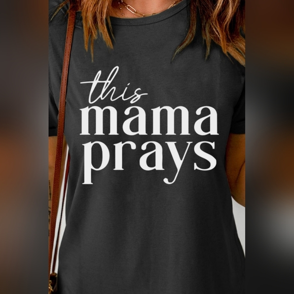 Tops - THIS MAMA PRAYS Shirt Cuffed Short Sleeve Graphic Black Top